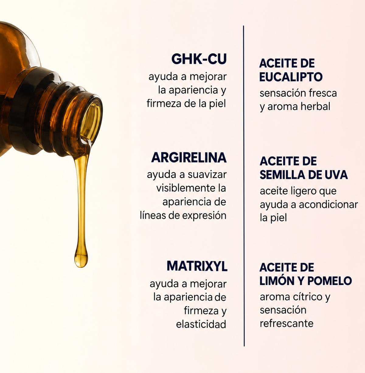 Los seis activos: GHK-CU, Argirelina, Matrixyl, eucalipto, semilla de uva, limón y pomelo